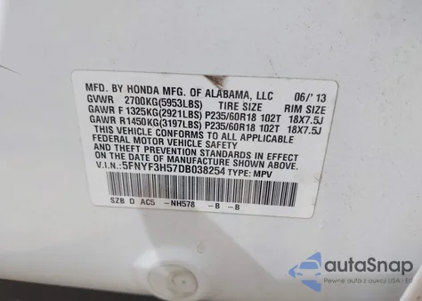 2013 Honda Pilot Ex-L из США, поврежденный, VIN 5FNYF3H57DB038254